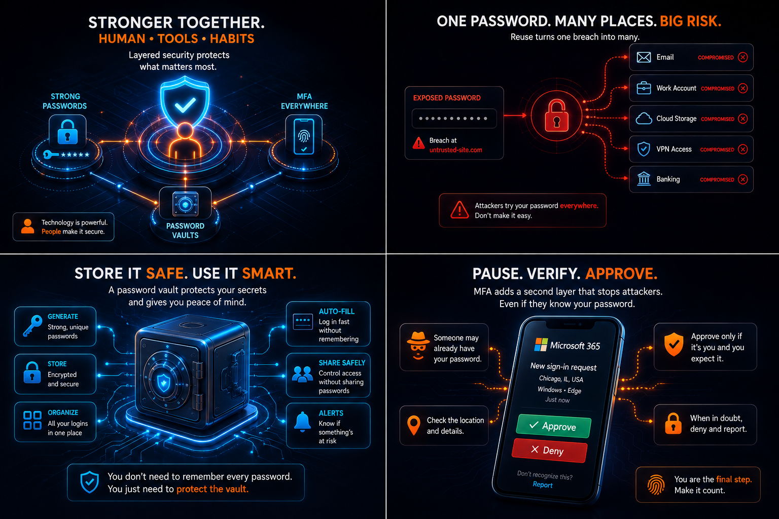 Identity security overview showing the relationship between people, passwords, password vaults and multi-factor authentication.